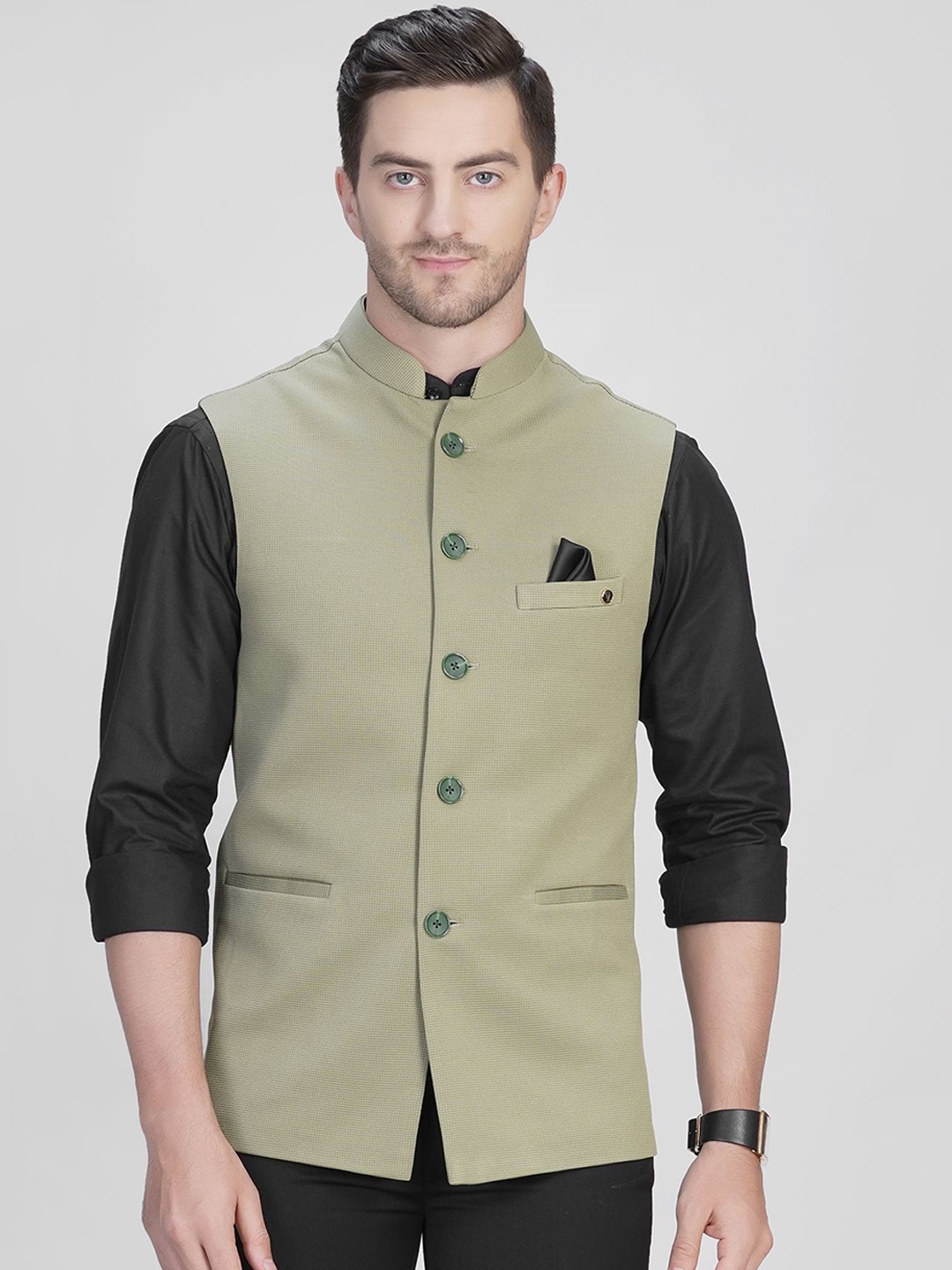 

LA'SCOOT Mandarin Collar Nehru Jacket, Green