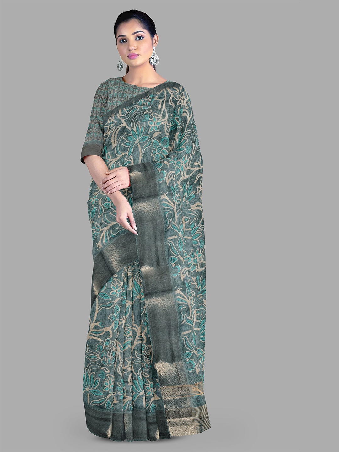 

The Chennai Silks Floral Printed Sarees With Zari Border, Grey