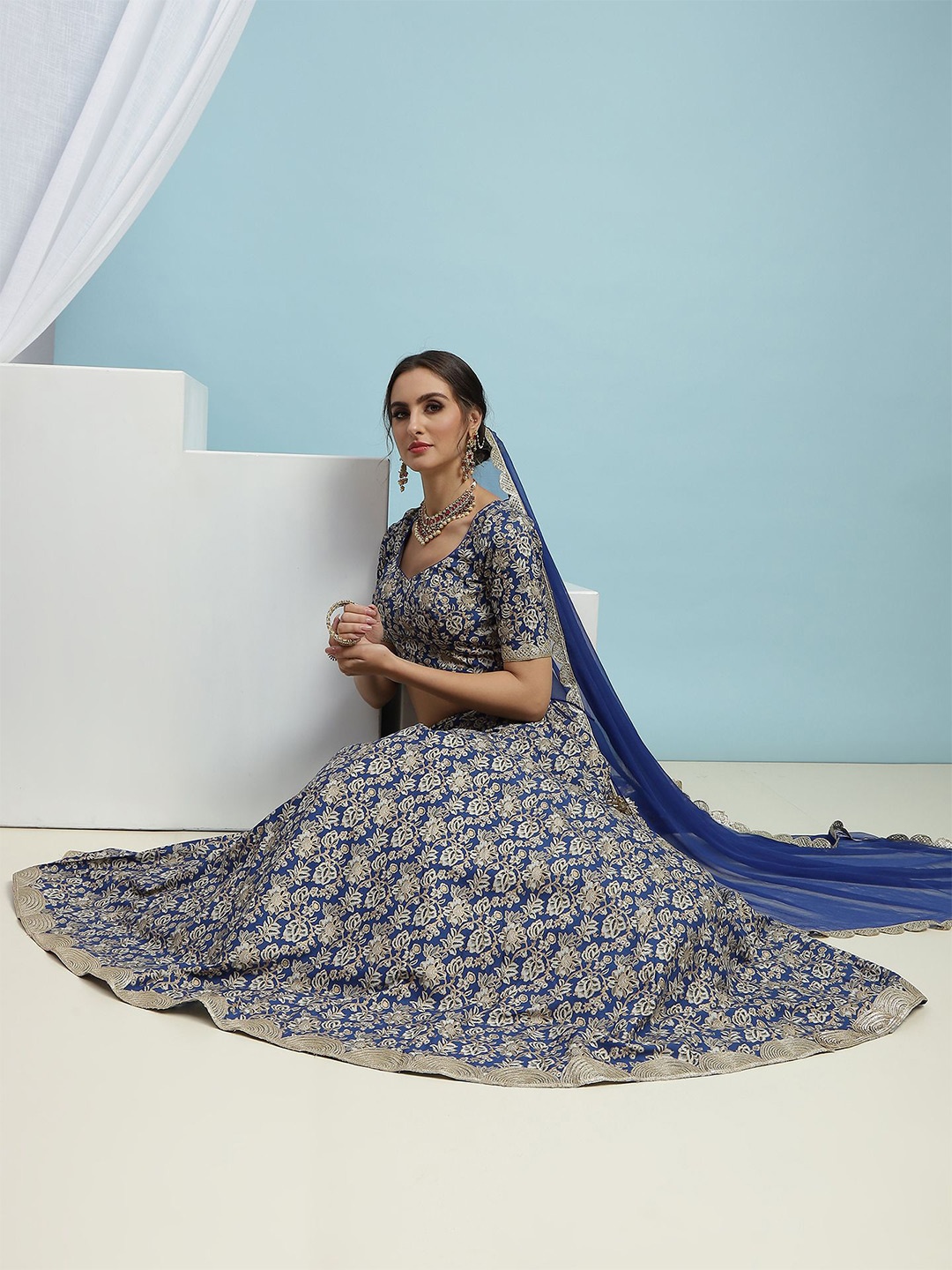 

Khushal K Printed V-Neck Ready to Wear Lehenga & Blouse With Dupatta, Blue