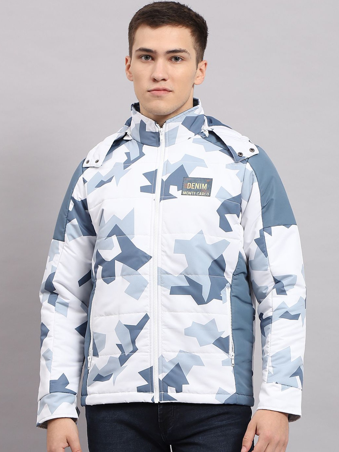 

Monte Carlo Men Geometric Printed Hooded Puffer Jacket, White