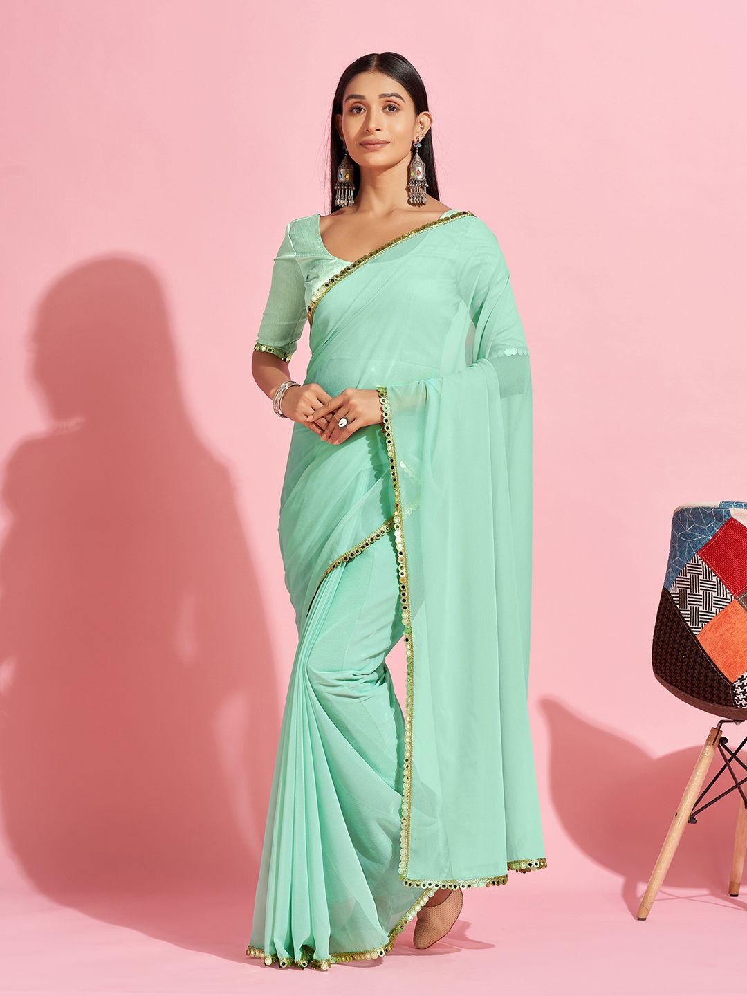 

KALINI Mirror Work Saree, Sea green