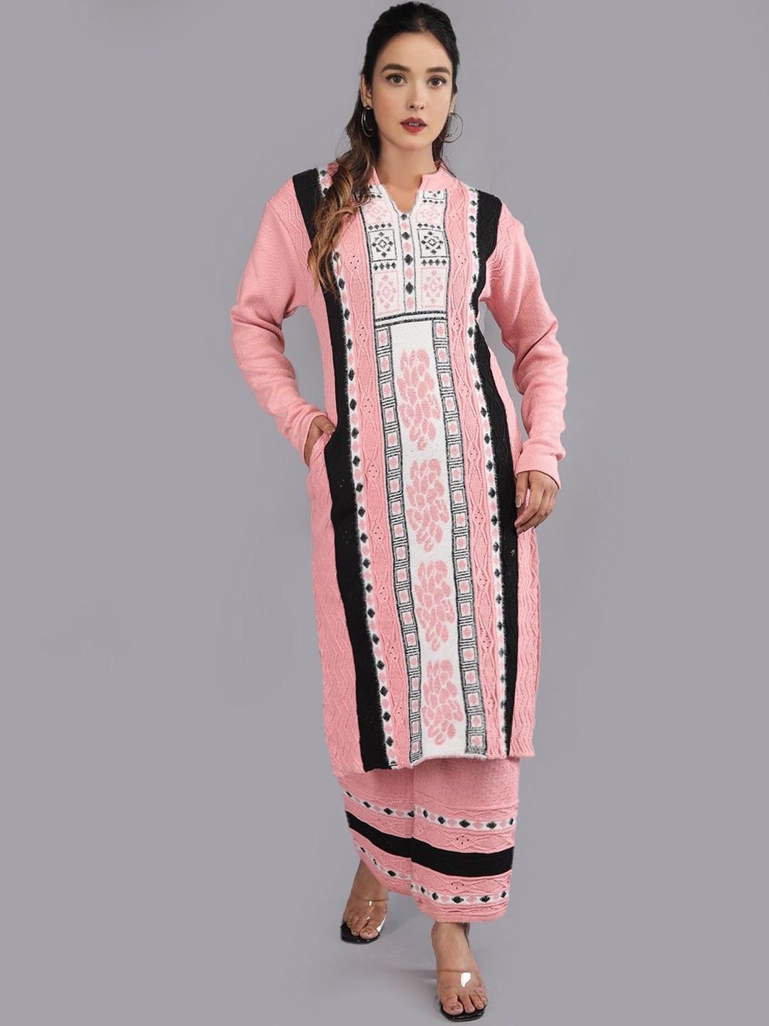 

TYSORT Floral Woven Design Mandarin Collar Knitted Weave A-Line Kurta With Trouser, Pink