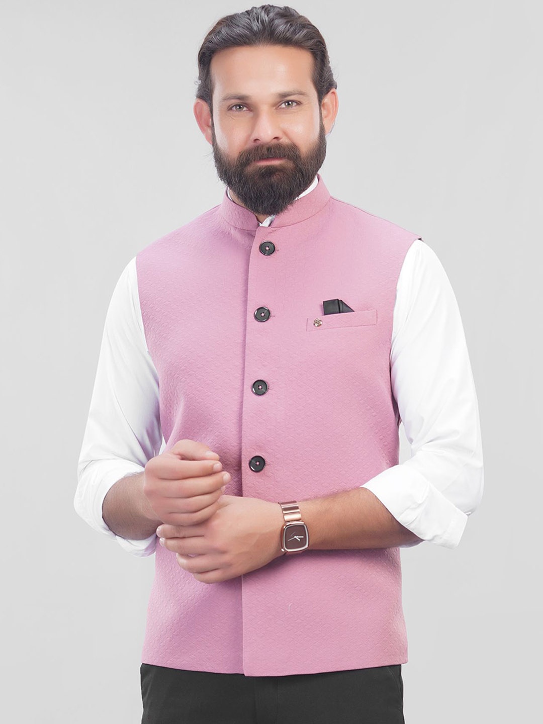 

LA'SCOOT Printed Mandarin Collar Nehru Jacket, Pink