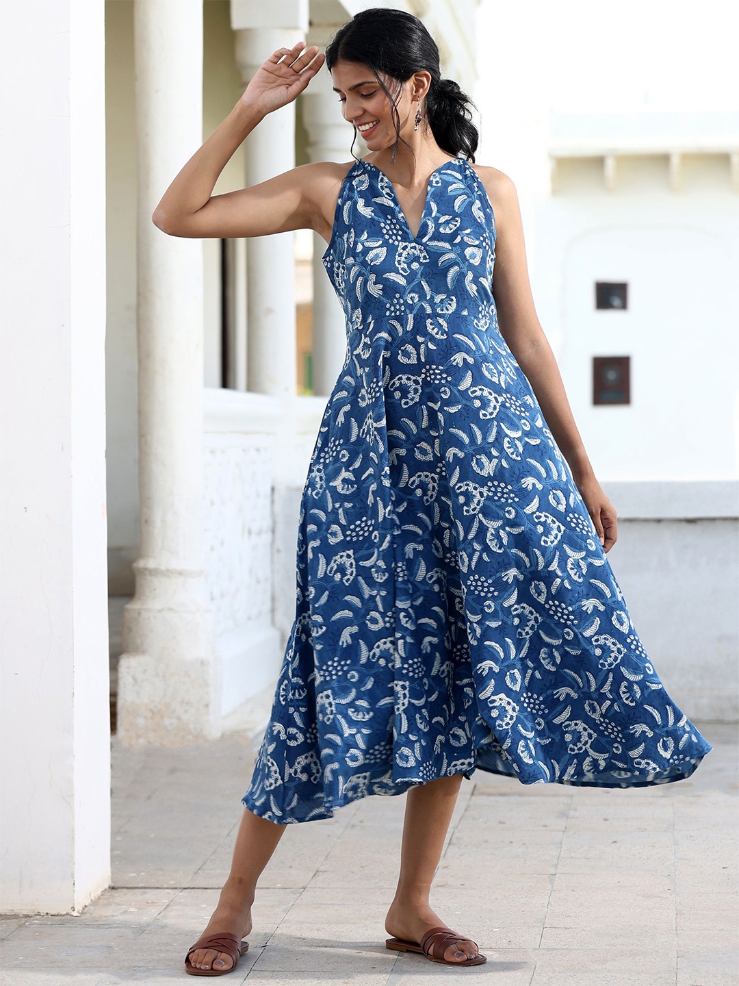 

OKHAI Women Printed Cotton Maxi Ethnic Dresses, Blue