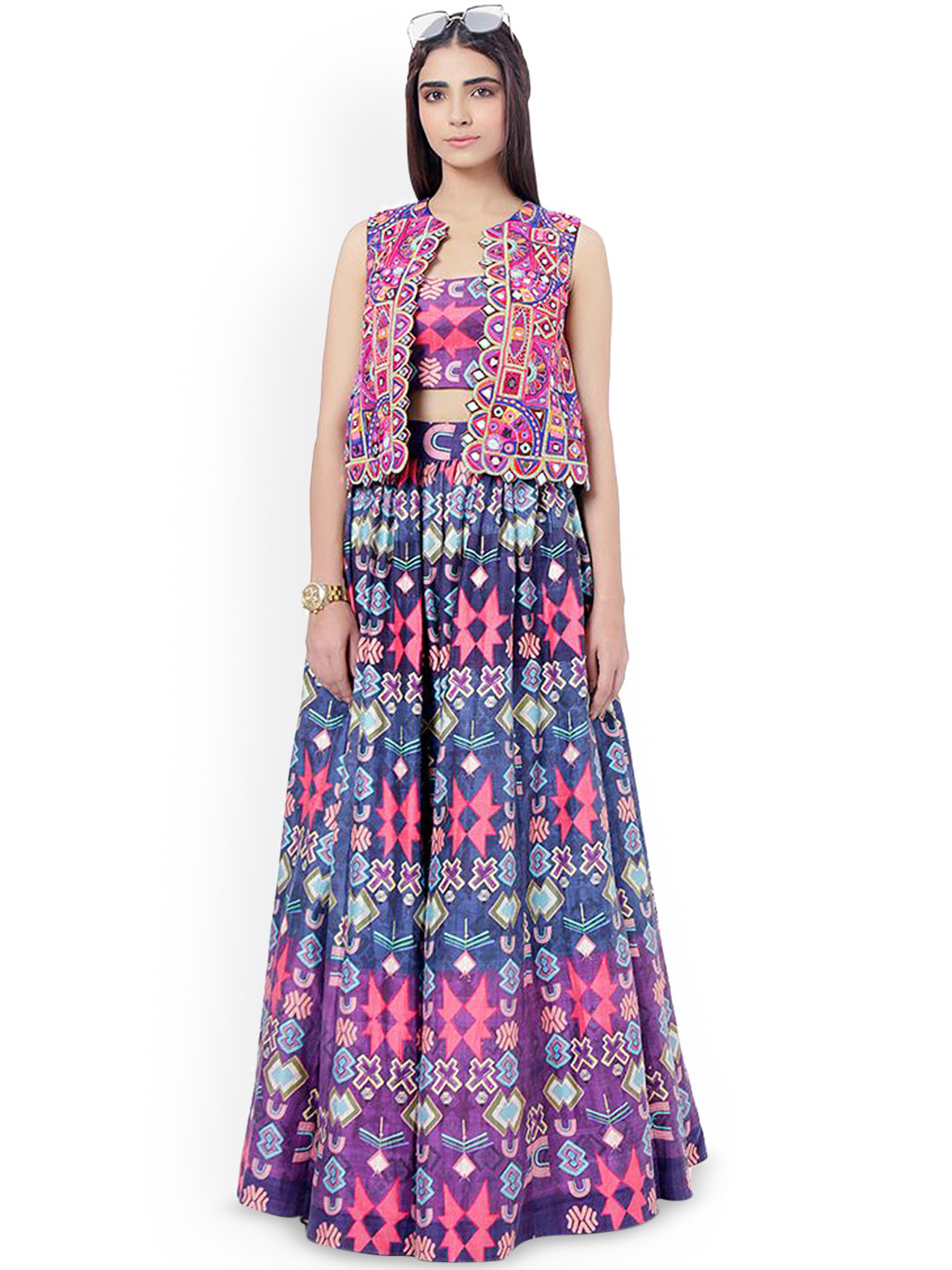 

Payal Singhal Embroidered Top with Skirt & Jacket, Purple