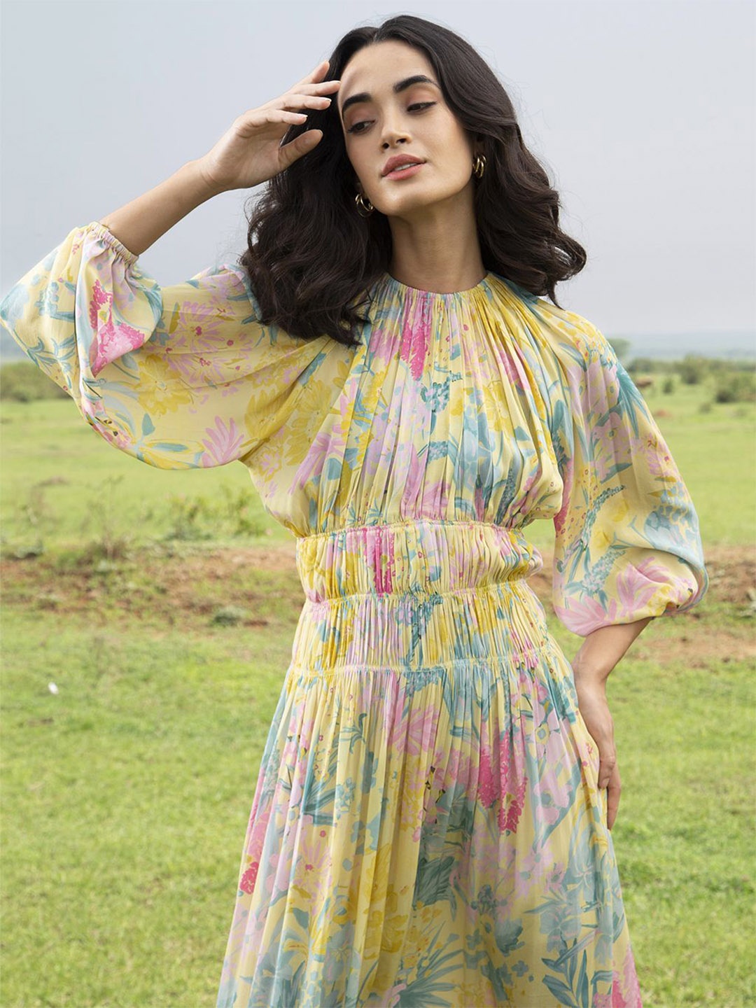 

HOUSE OF SOI Women Floral Print Bishop Sleeve Fit & Flare Midi Dress, Yellow