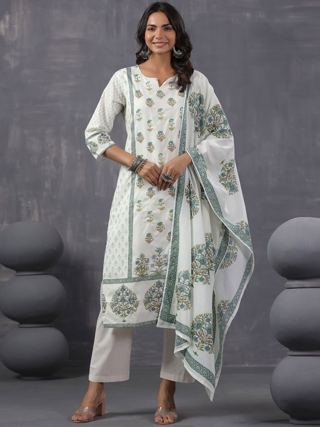 

Meena Bazaar Floral Printed Sequinned Kurta with Trousers & Dupatta, Cream