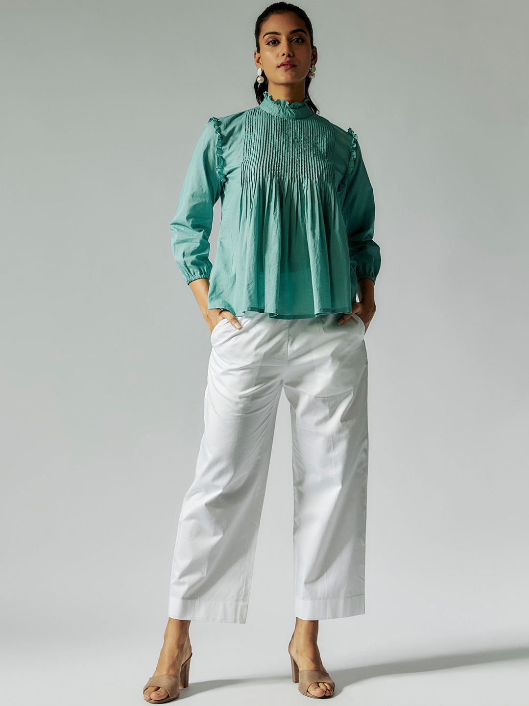 

Maisolos Pin Tuck Detailed High Neck Long Sleeve Pure Silk Top & Trouser, Green