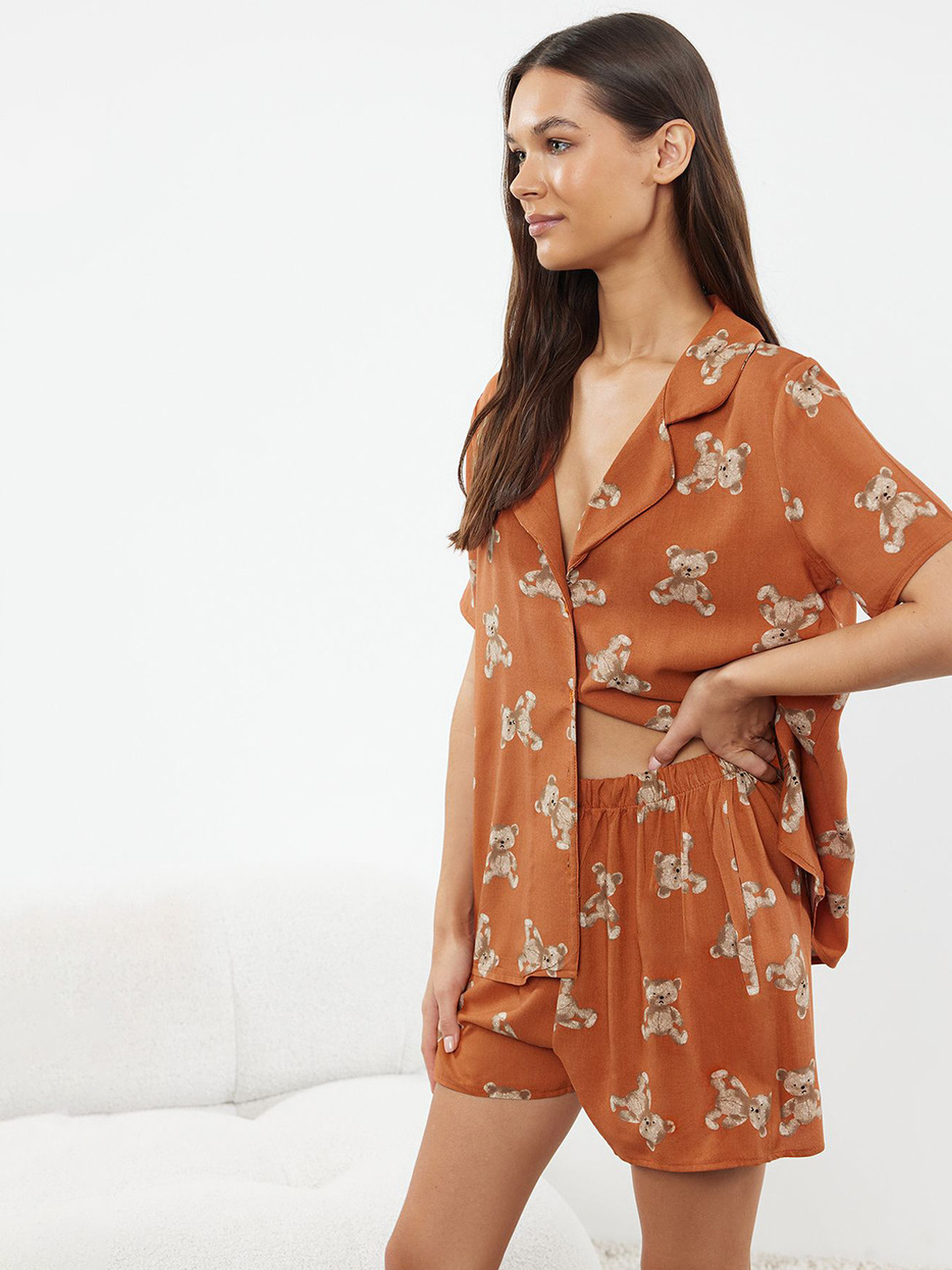 

Trendyol Women Printed Night suit, Rust