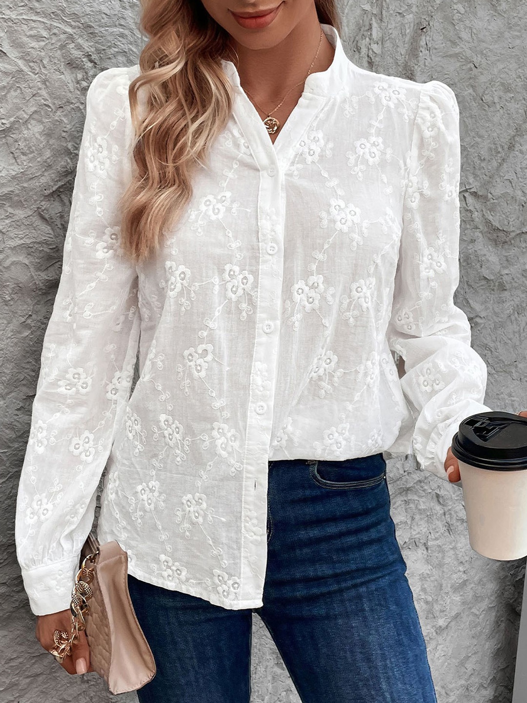 

LULU & SKY Floral Print Mandarin Collar Shirt Style Top, White