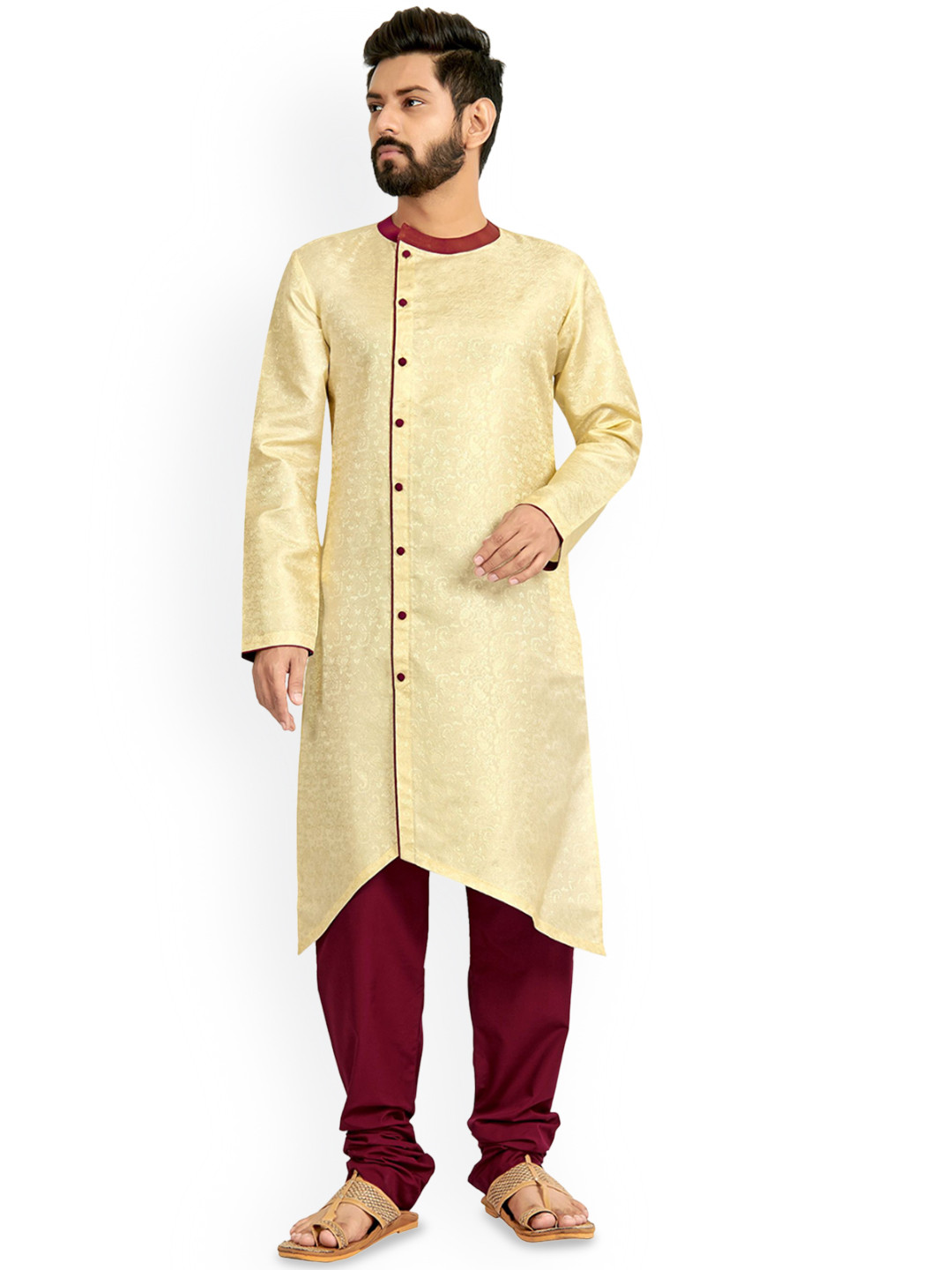 

Nimayaa Floral Woven Design Band Collar Straight Kurta, Cream