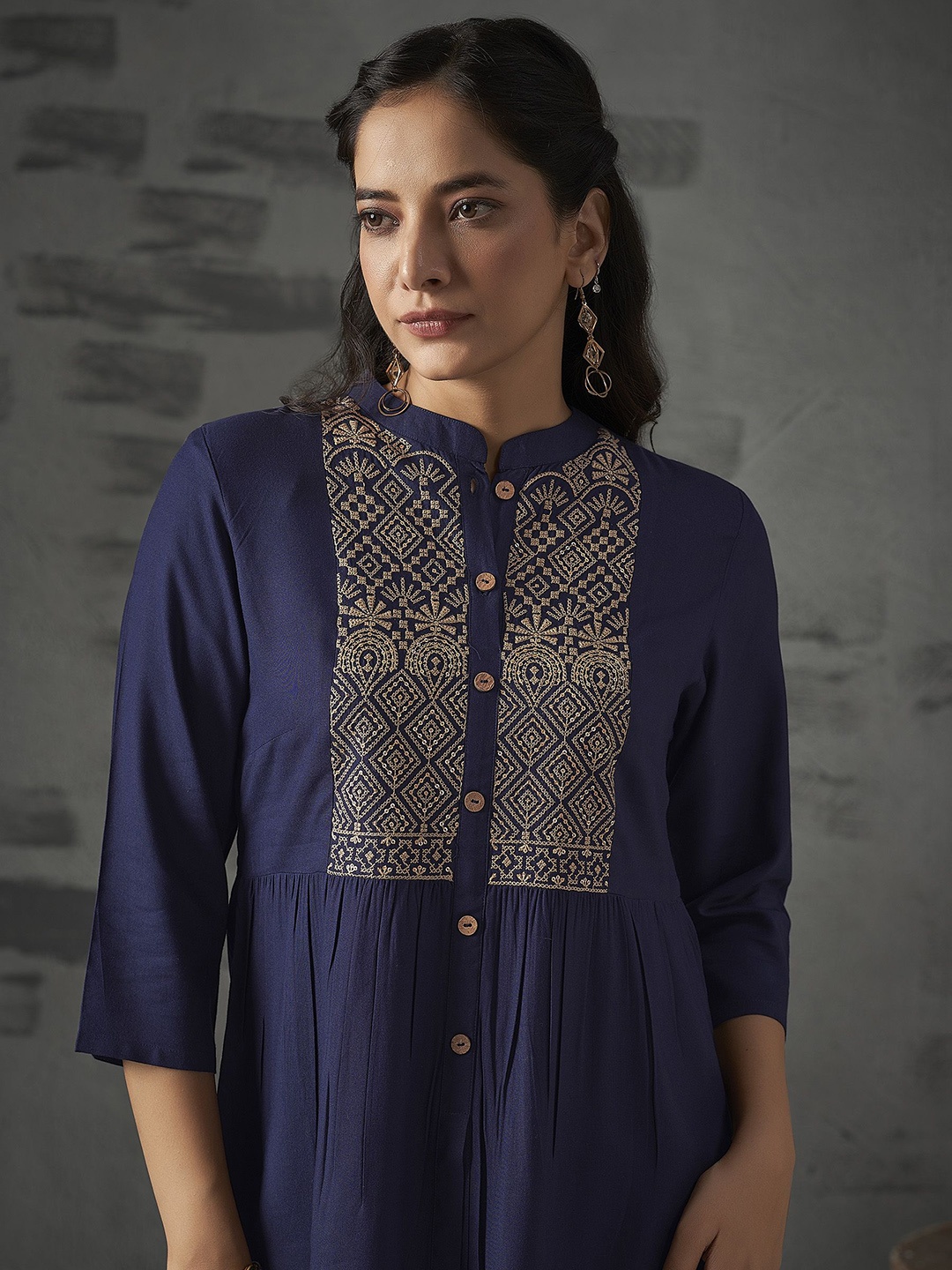

Anouk Navy Blue Ethnic Motifs Embroidered Straight Short Kurti