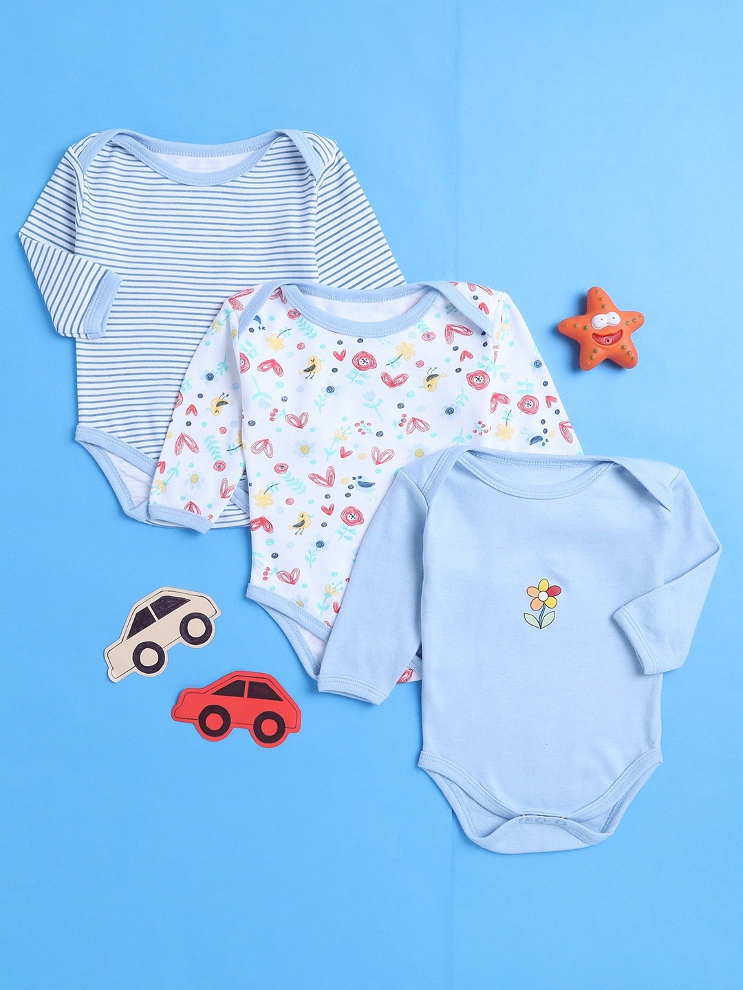 

BUMZEE Infant Girls Pack Of 3 Cotton Bodysuits, Blue
