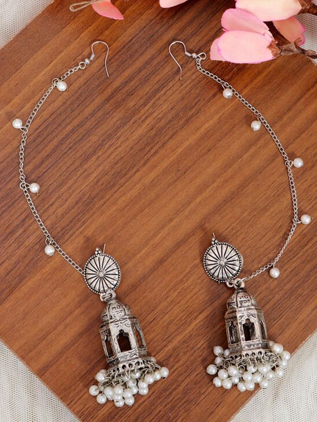 

VAGHBHATT Oxidized Silver-Plated Dome Shaped Pearl Kashmiri Jhumkas With Ear Chain