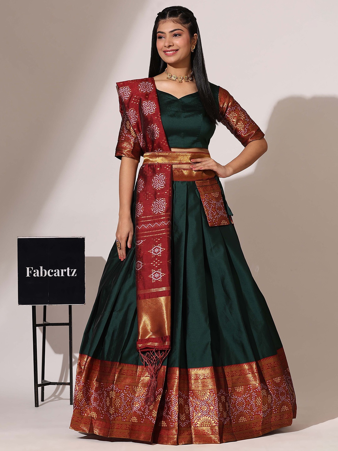 

Fabcartz Woven Design Semi-Stitched Lehenga & Unstitched Blouse With Dupatta, Green