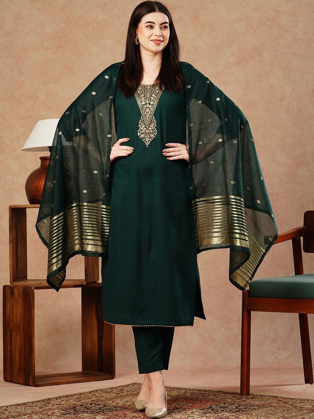 

Anni Designer Embroidered Yoke Design Round Neck Straight Kurta with Trousers & Dupatta, Green