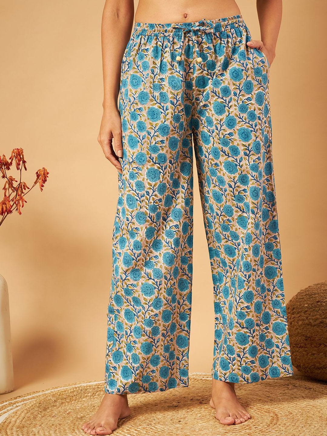 

ETC Floral Printed Cotton Lounge Pants, Grey