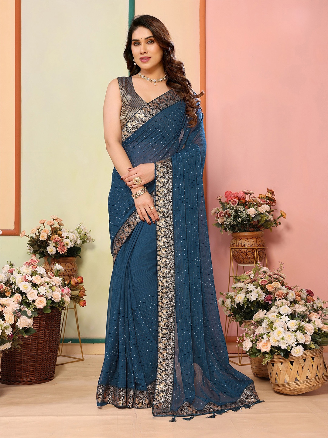 

Ambuja International Embellished Beads and Stones Saree, Blue