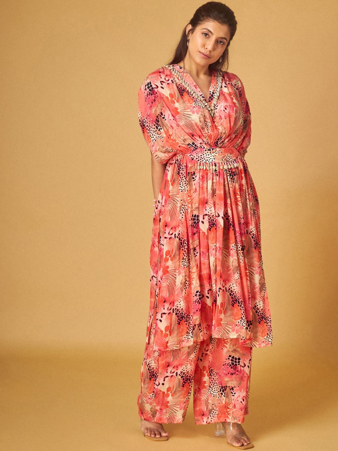 

Maisolos Floral Printed V-Neck Pure Silk Tunic & Trousers, Peach