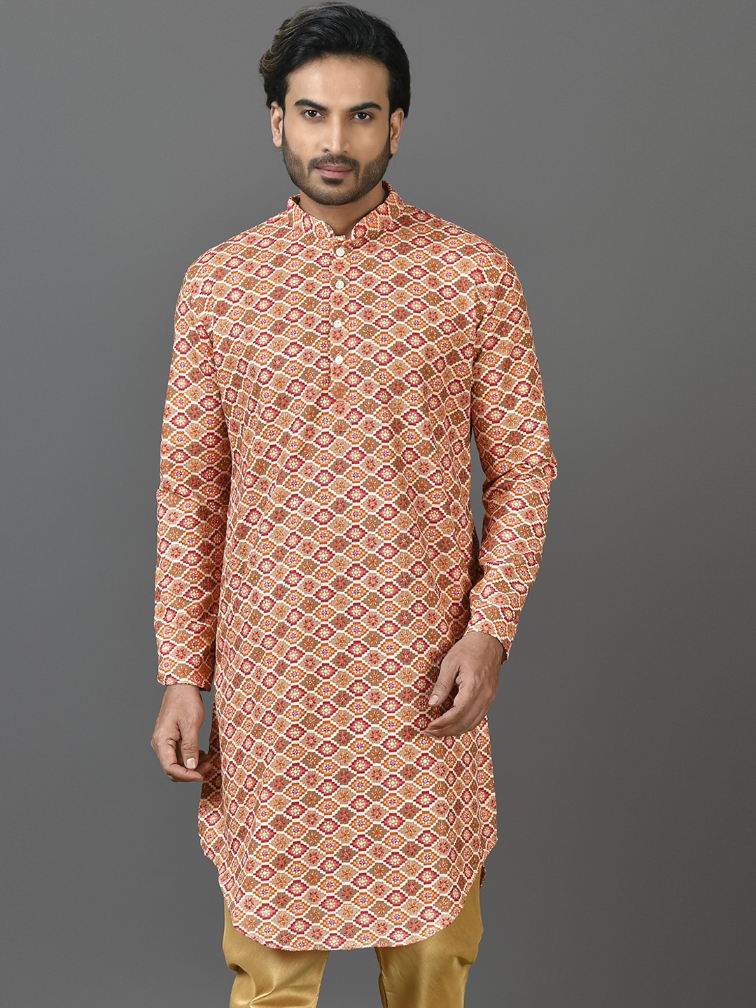 

Sayisha Floral Printed Mandarin Collar Cotton Straight Kurta, Orange