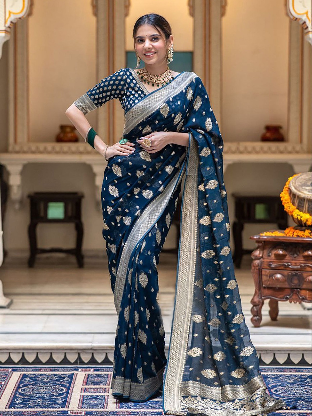 

BerMondsey Woven Design Zari Banarasi Saree, Teal