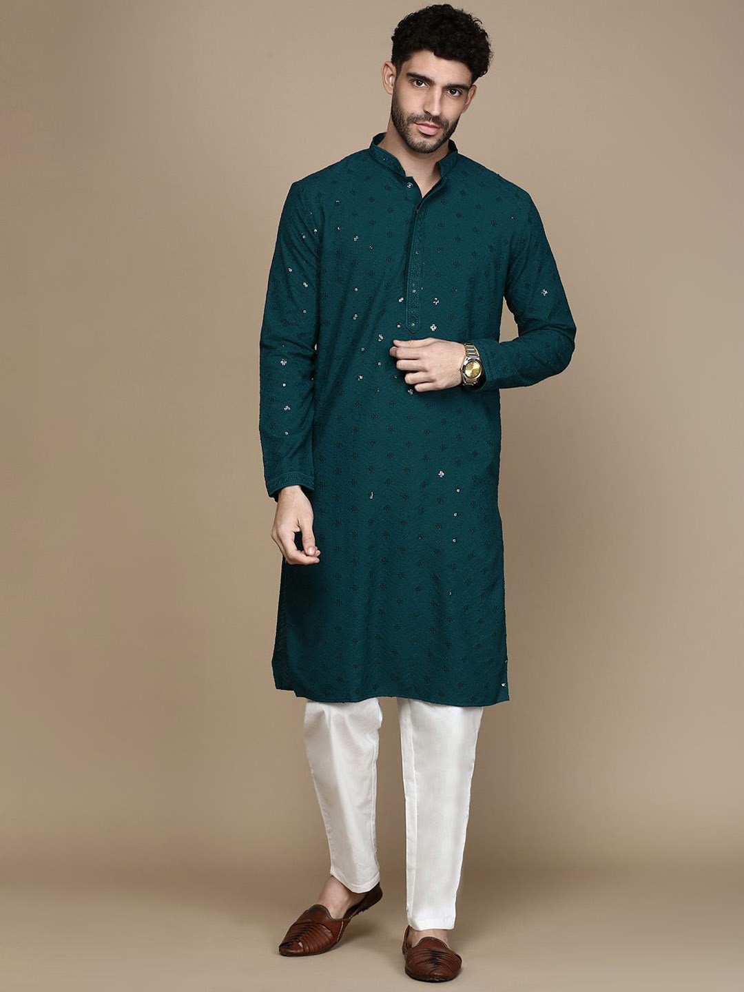 

Rishika Geometric Embroidered Sequinned & Thread Work Straight Kurta with Pyjamas, Teal