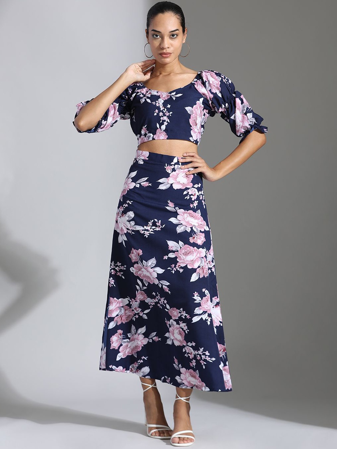 

Jaipur Kurti Floral Printed Puffed Sleeves Crop Top With Skirt, Blue