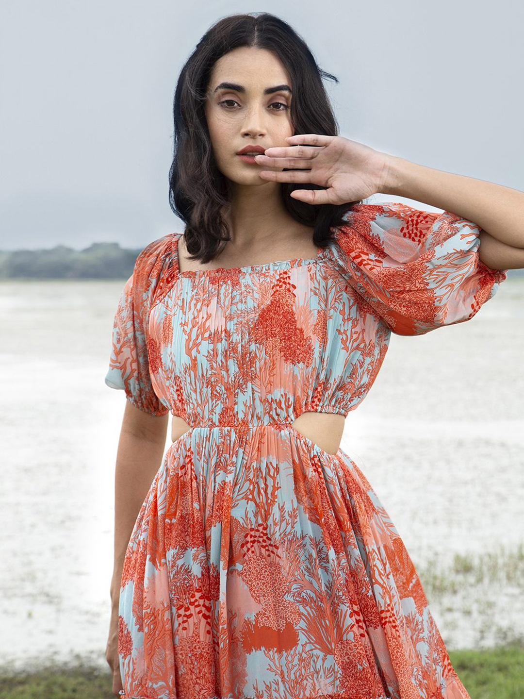 

HOUSE OF SOI Floral Print Puff Sleeve Fit & Flare Midi Dress, Orange