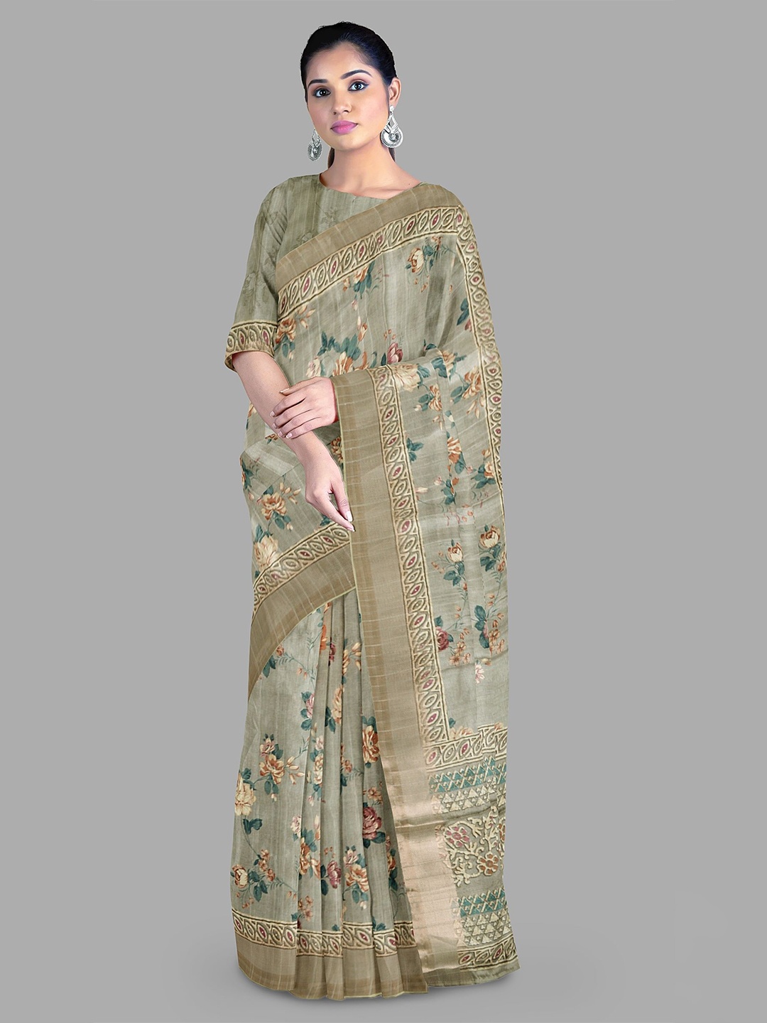 

The Chennai Silks Floral Printed Dola Zari Saree, Grey