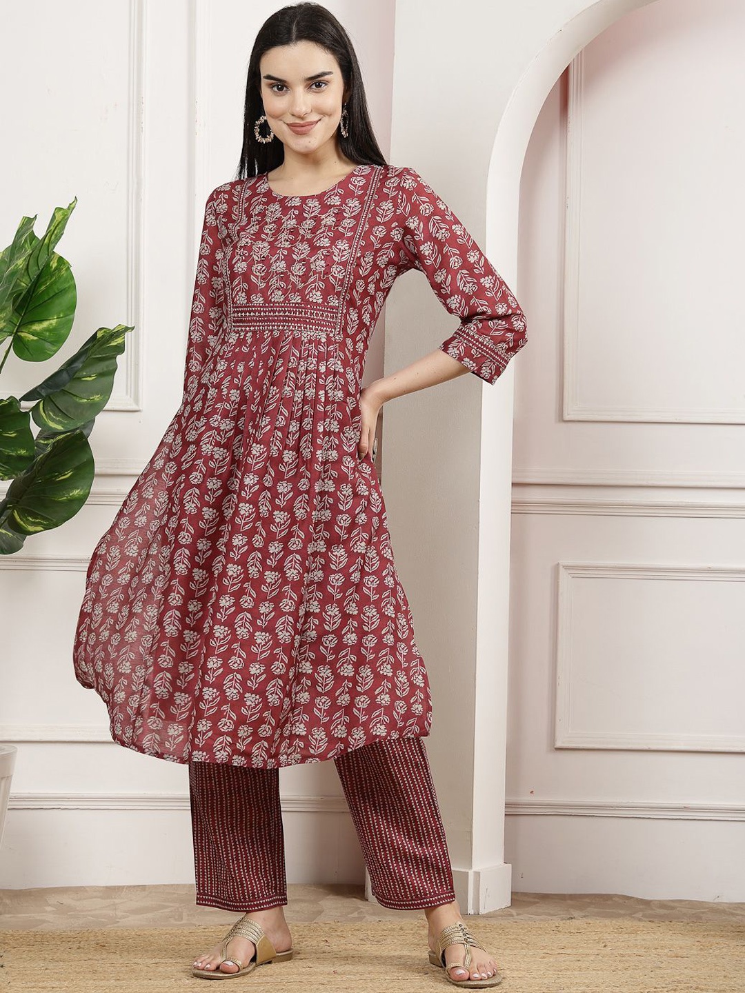 

Nayam By Lakshita Floral Printed A-Line Kurta With Trousers, Maroon