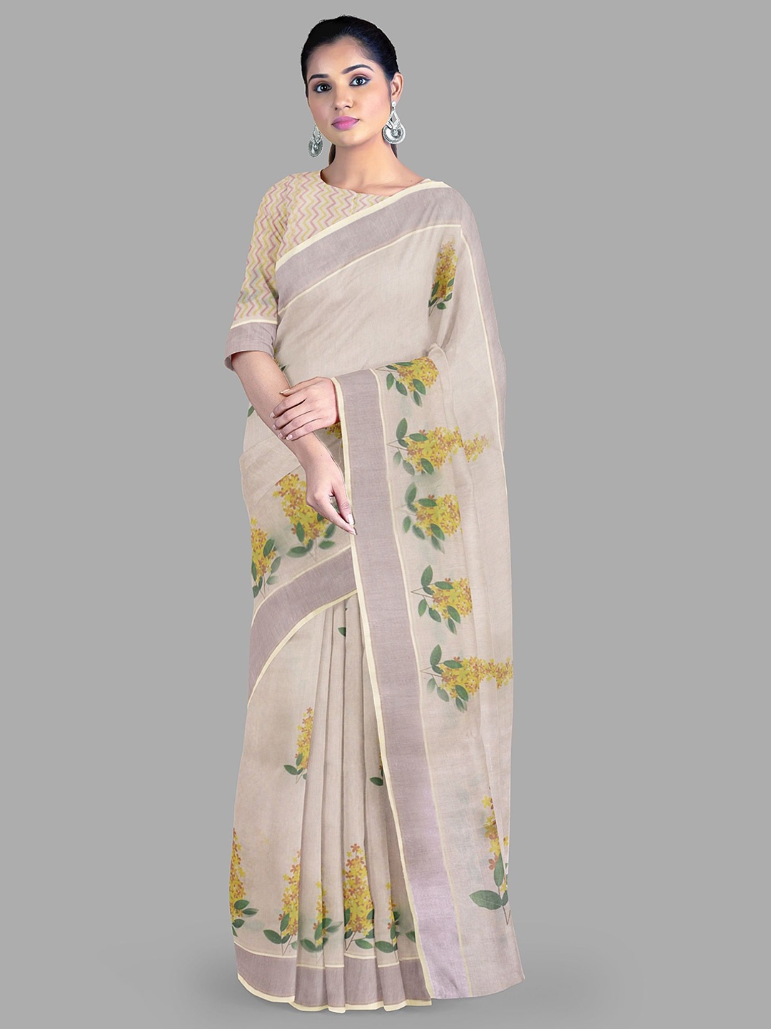 

The Chennai Silks Floral Printed Pure Cotton Kasavu Saree, Off white