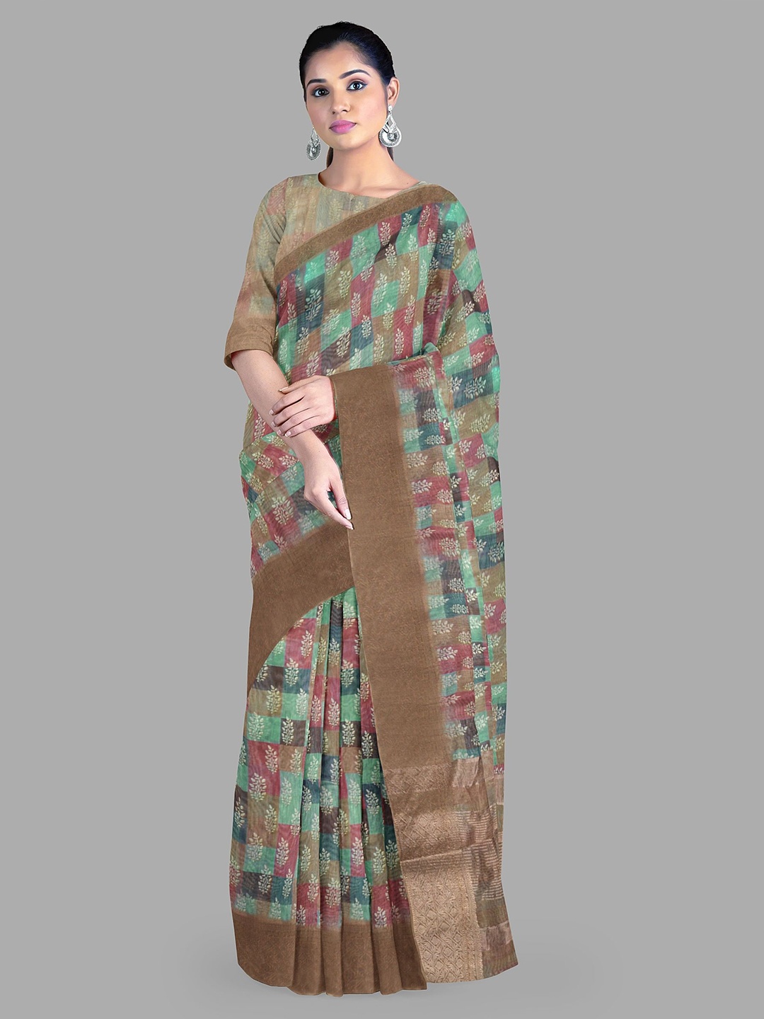 

The Chennai Silks Floral Printed Zari Pure Cotton Chanderi Saree, Green