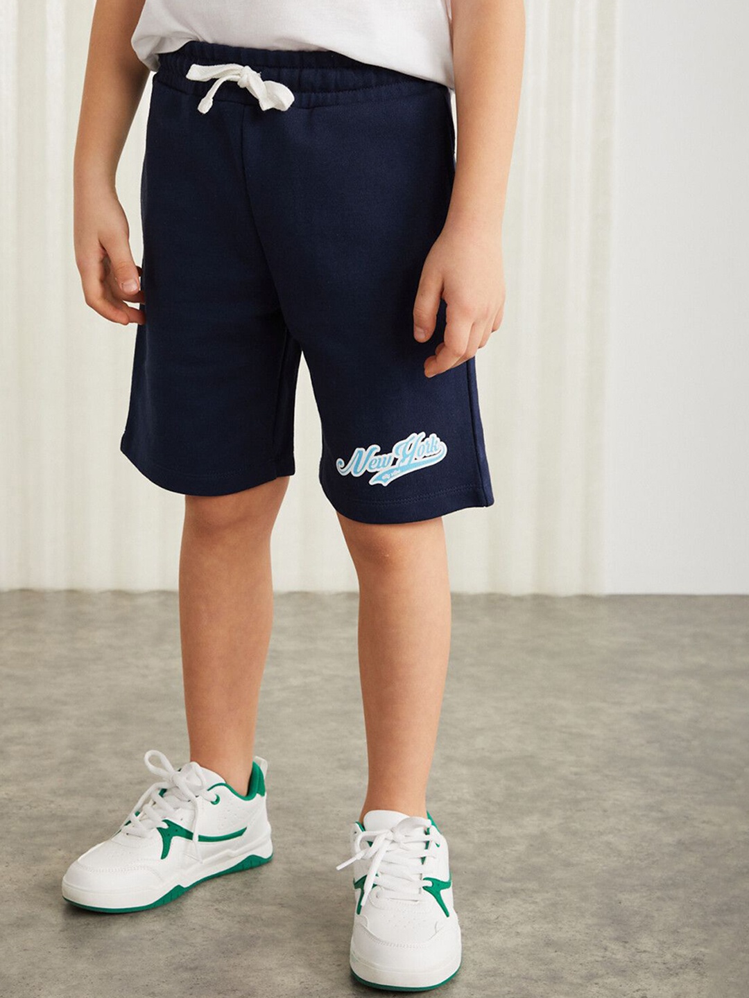 

GRIMELANGE Boys Printed Mid-Rise Pure Cotton Shorts, Navy blue