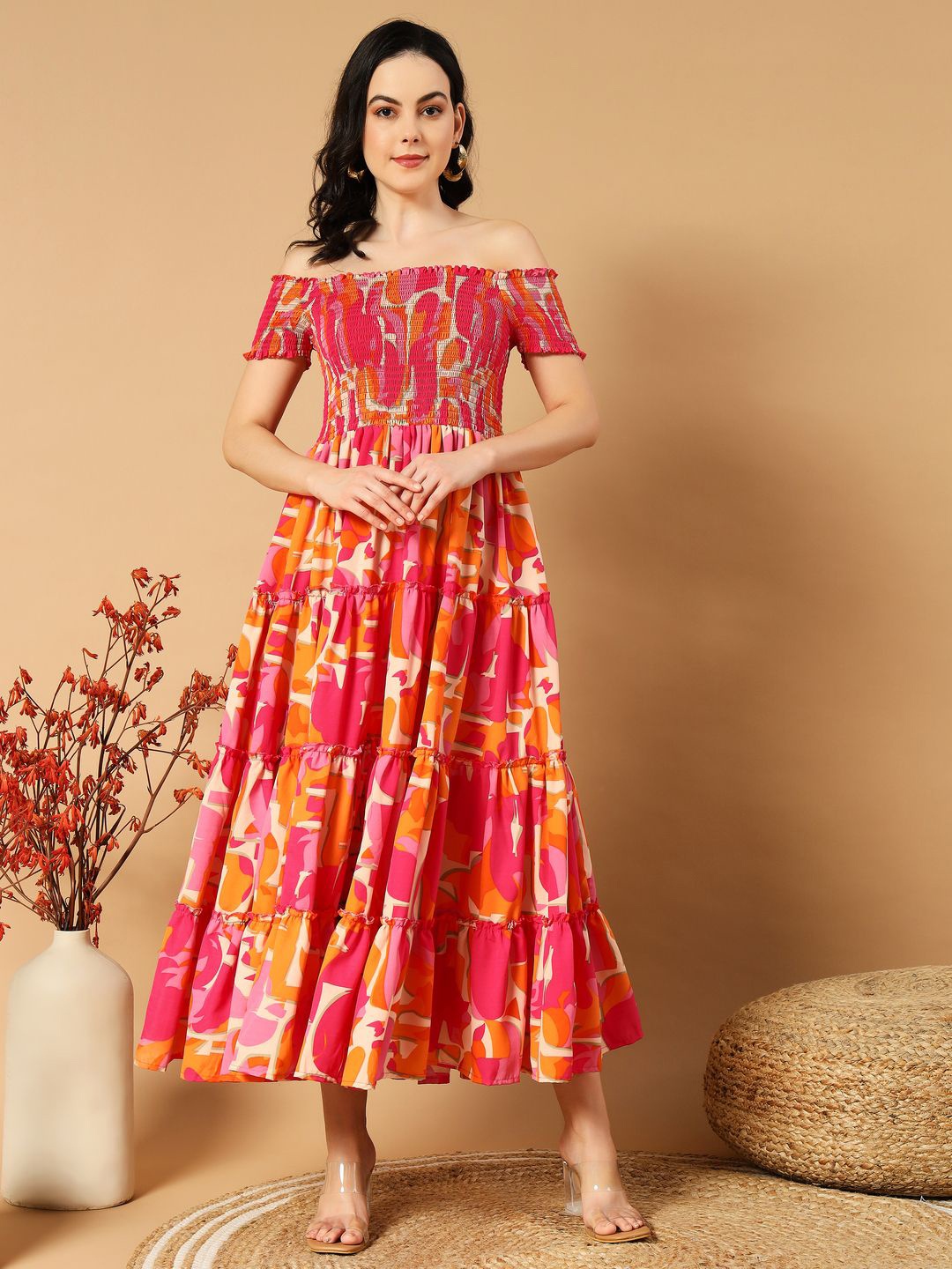 

OTABU Floral Print Off-Shoulder Applique Crepe Formal A-Line Midi Dress, Orange