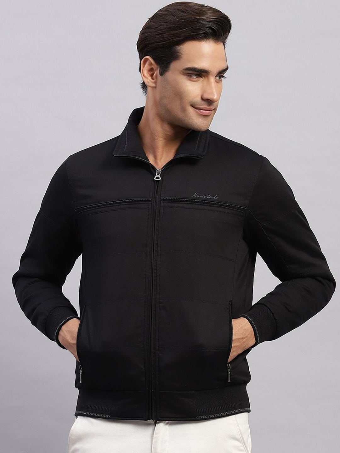 

Monte Carlo Men Solid Mock Collar Bomber Jacket, Black