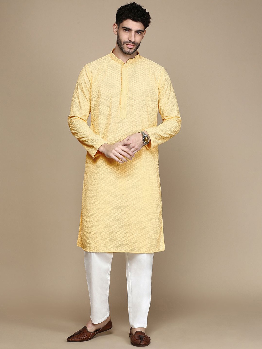 

Rishika Floral Embroidered Thread Work Pure Cotton Straight Kurta with Pyjamas, Yellow