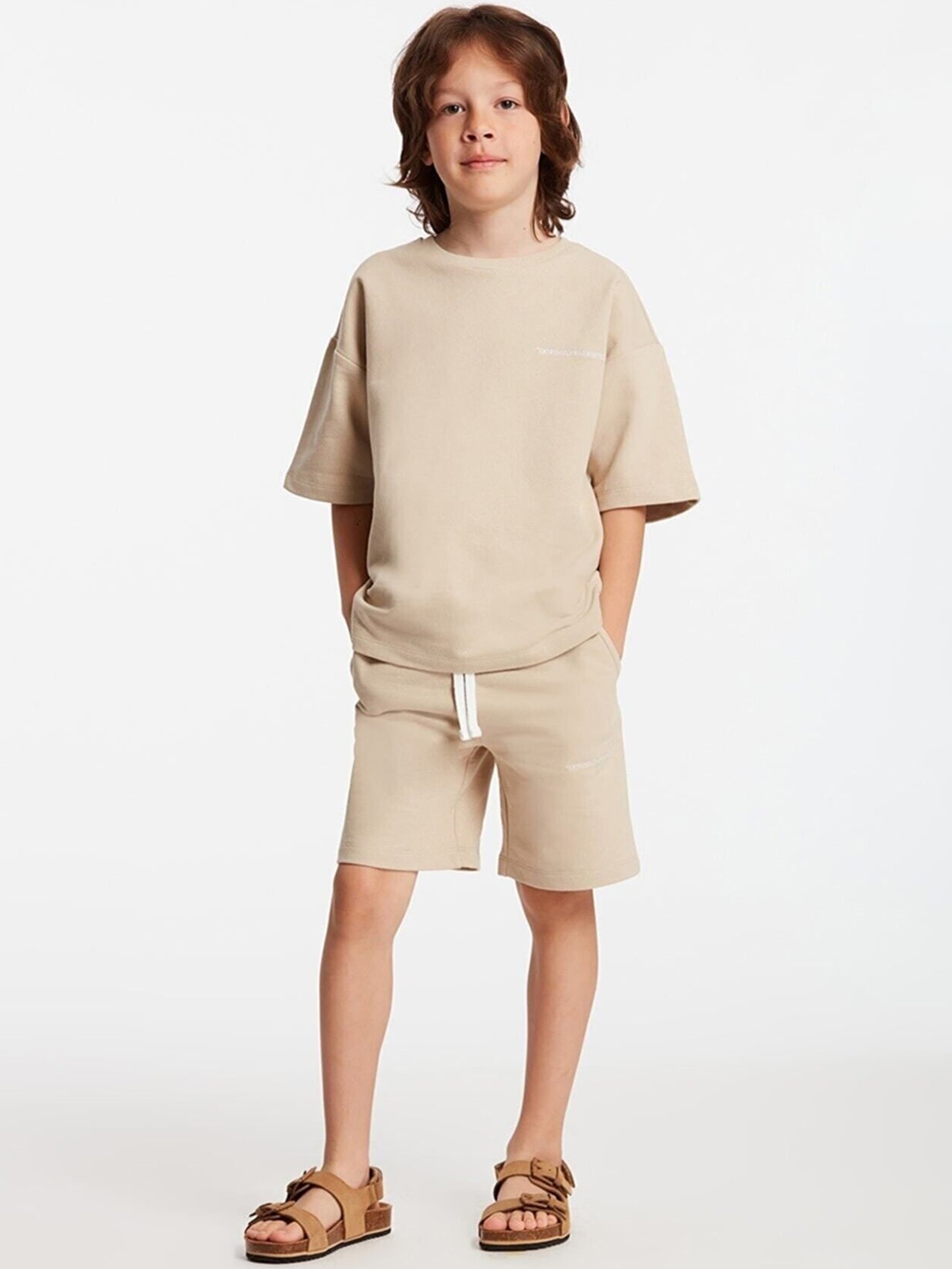 

GRIMELANGE Boys Round Neck T-Shirt With Shorts Clothing Set, Beige