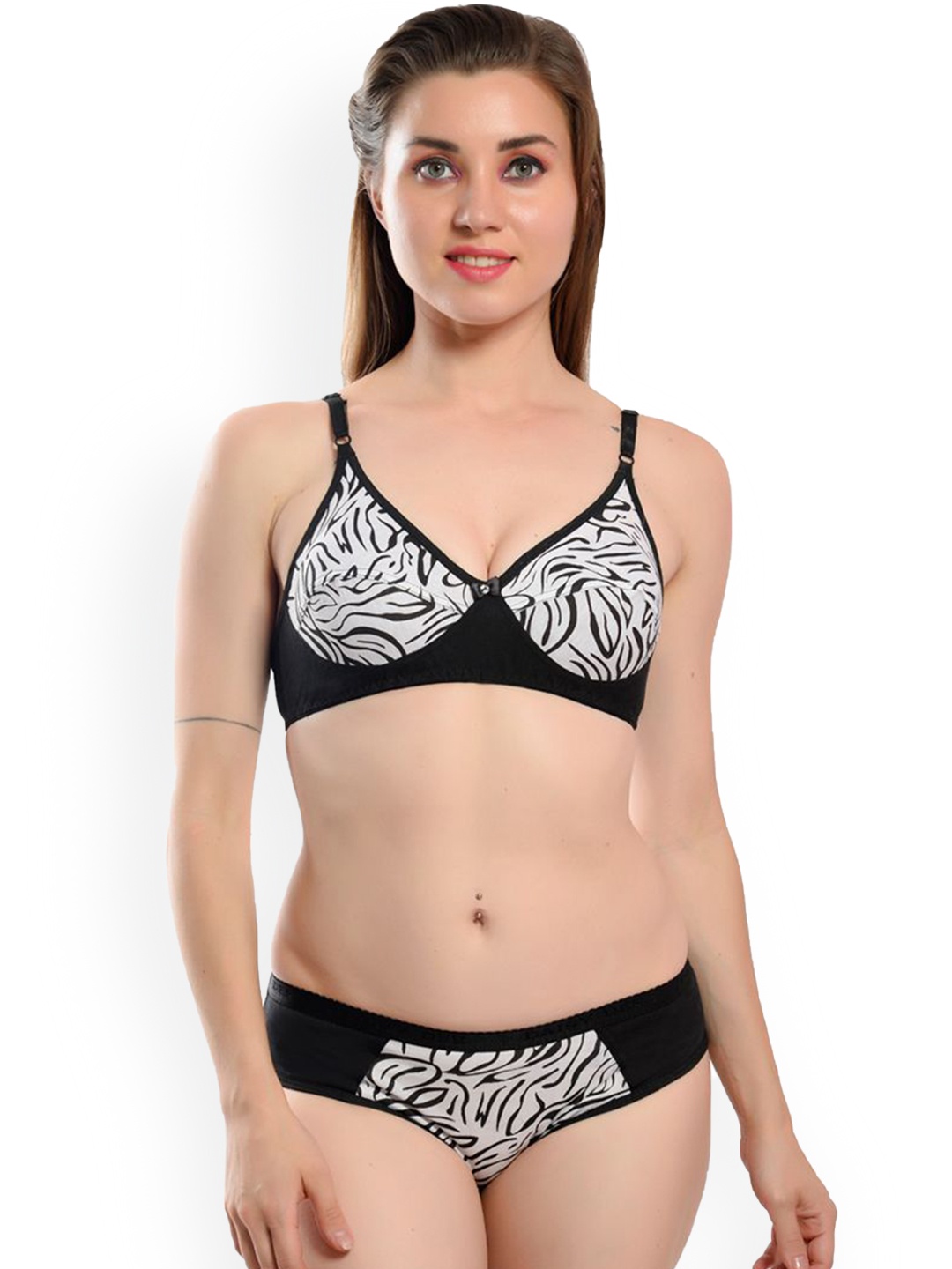 

chia fashions Printed Cotton Non Padded Lingerie Set, Black