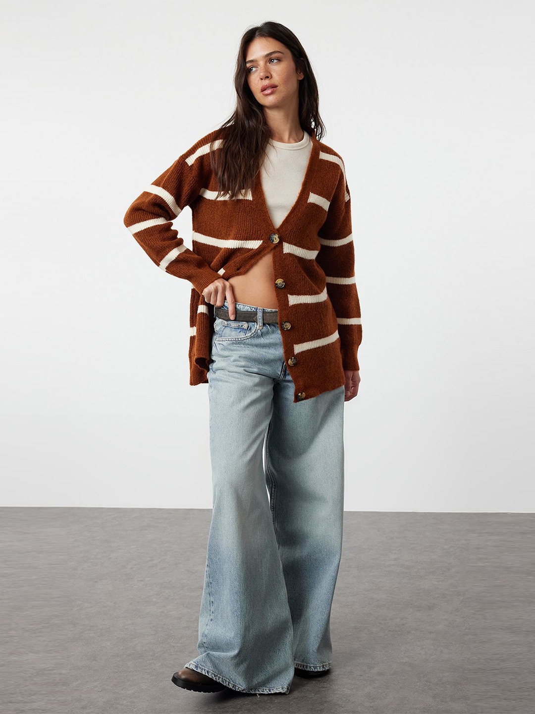 

Trendyol Women Striped Longline Cardigan, Maroon