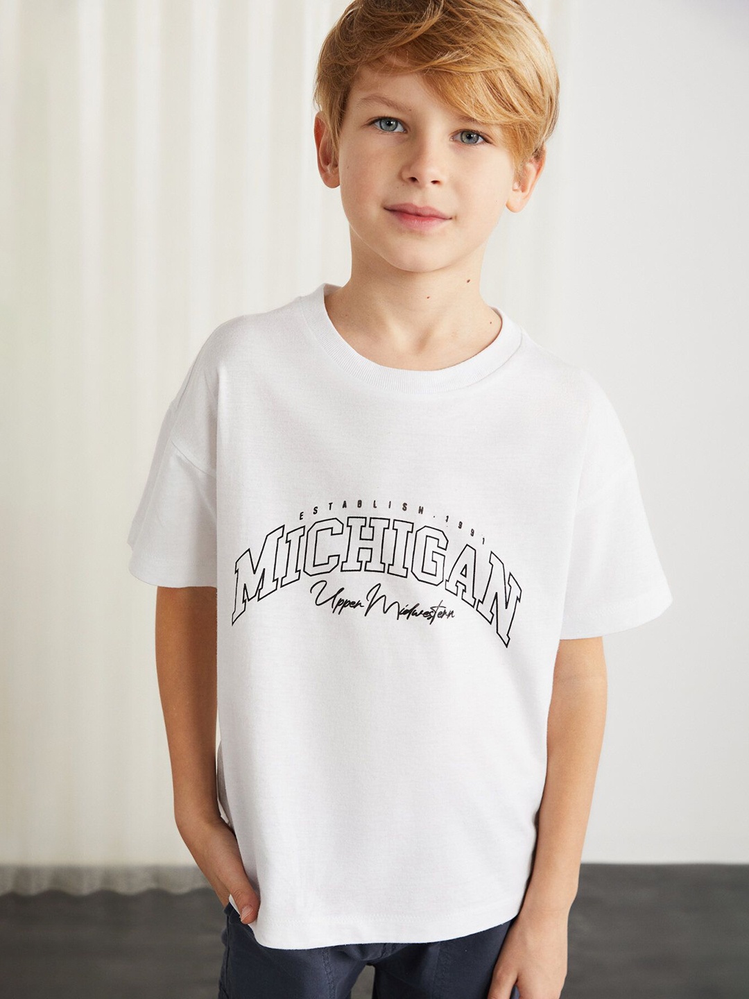 

GRIMELANGE Unisex Kids Typography Printed Round Neck Cotton T-shirt, White