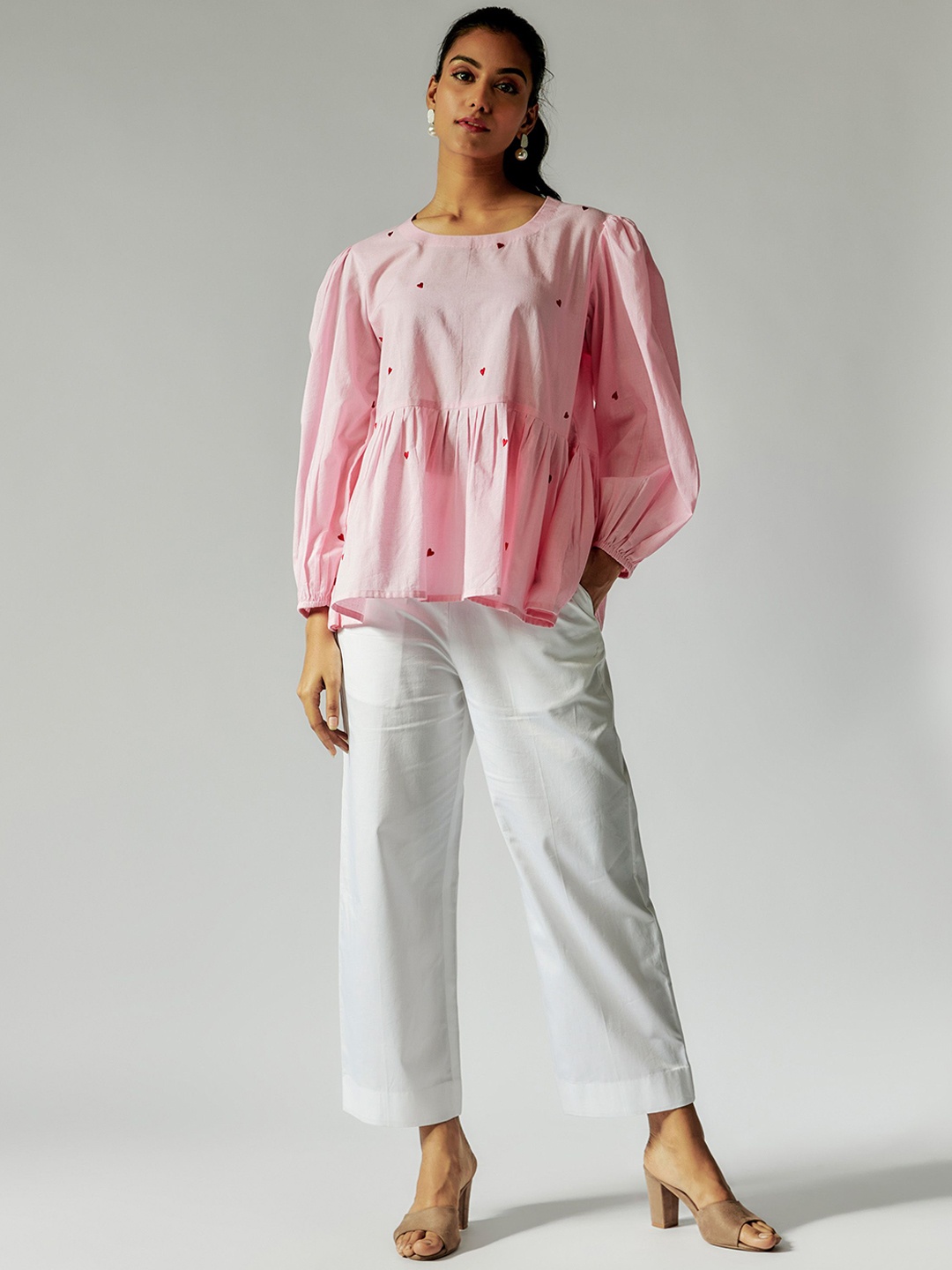 

Maisolos Embroidered Puff Sleeve Pure Cotton Tunic & Trouser, Pink
