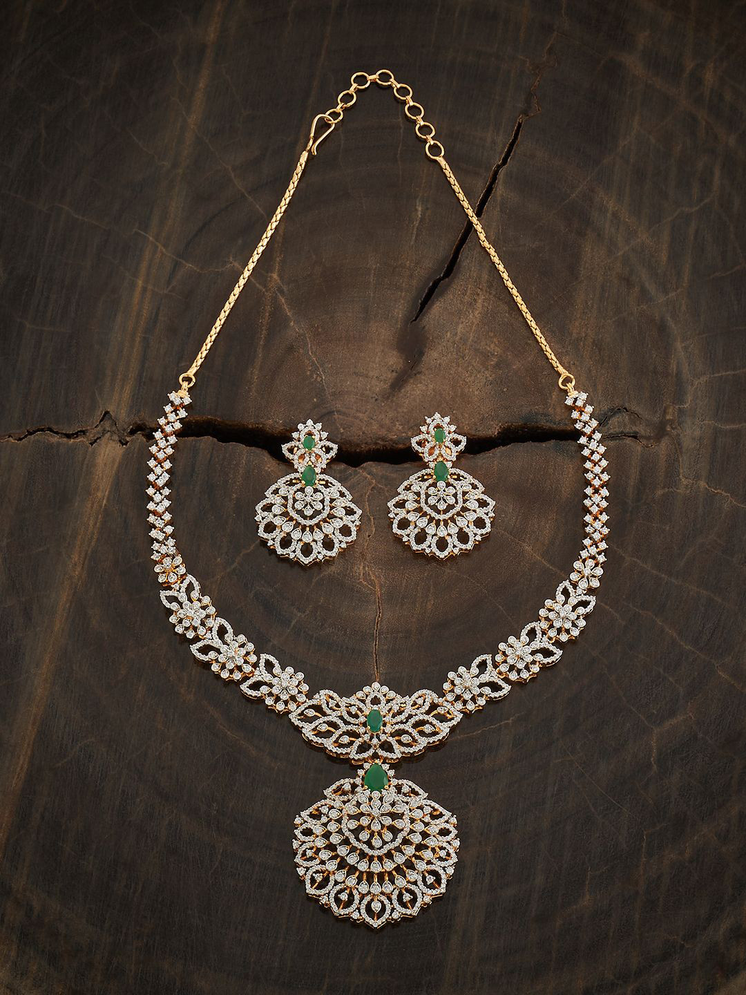 

Kushal's Fashion Jewellery Rhodium Plated Cubic Zirconia Stone Studded Jewellery Set, Gold