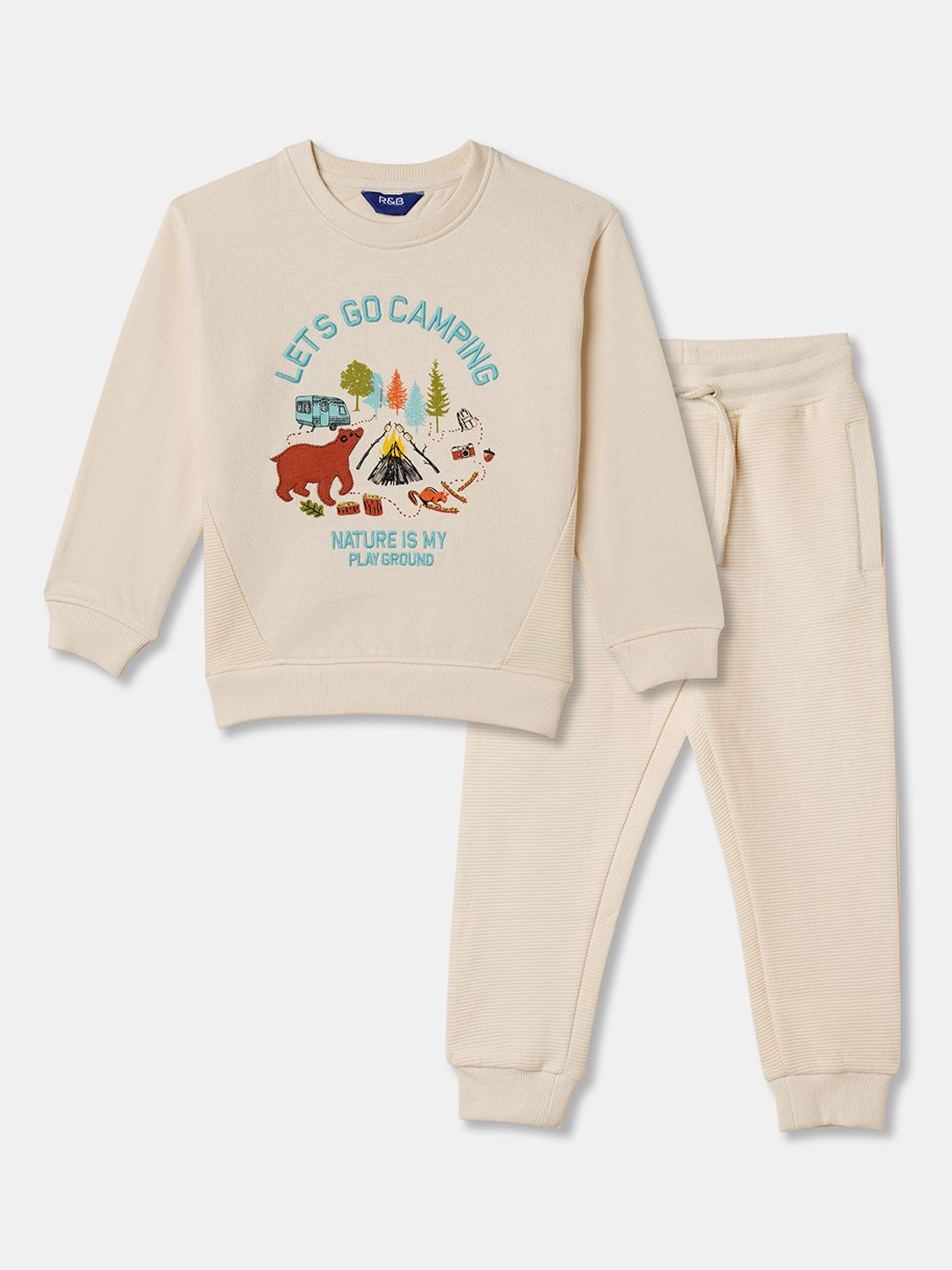 

R&B Boys Graphic Printed Pure Cotton Sweatshirt With Joggers, Beige