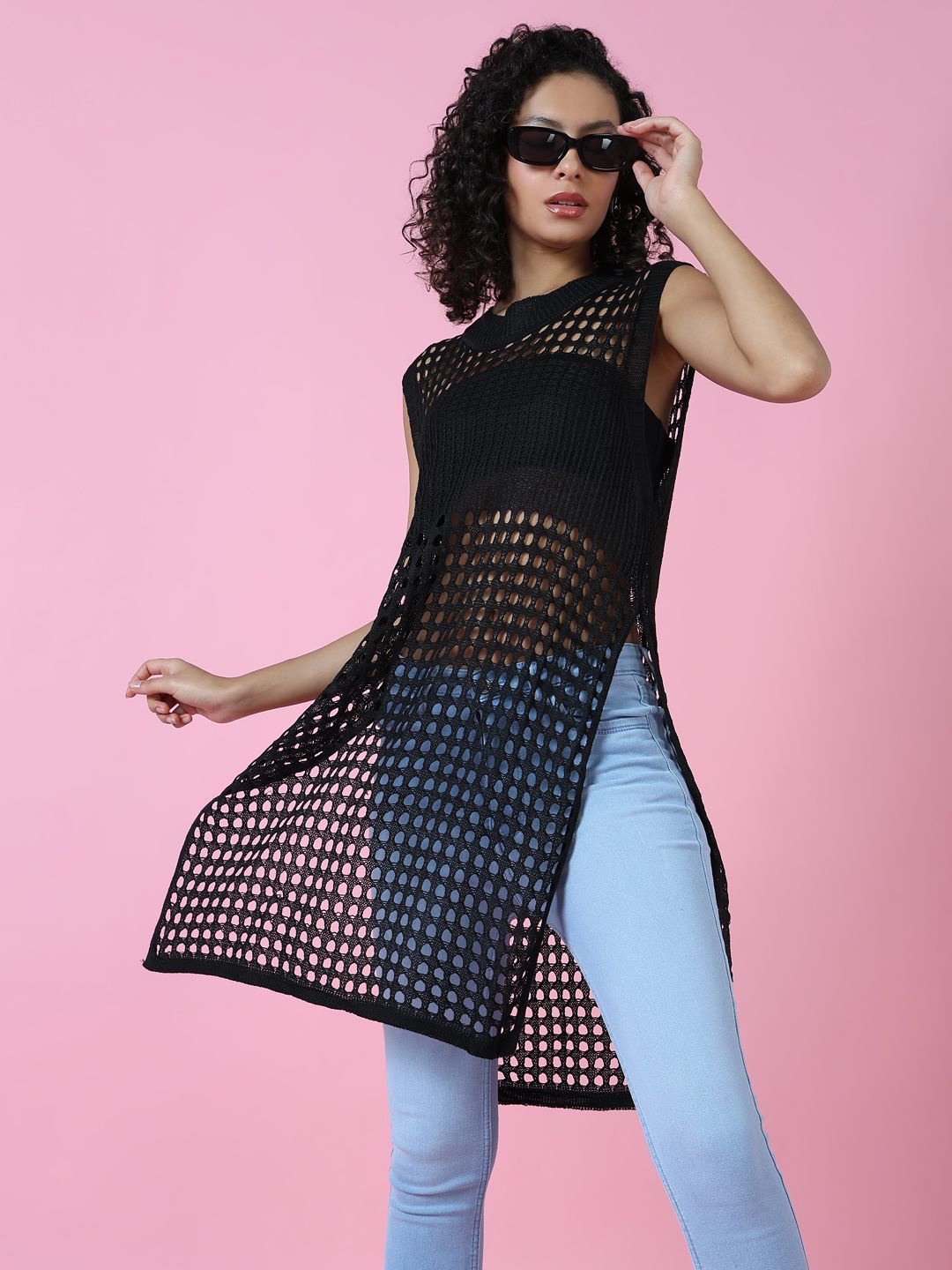 

SHOWOFF Sheer Crochet Longline Top, Black