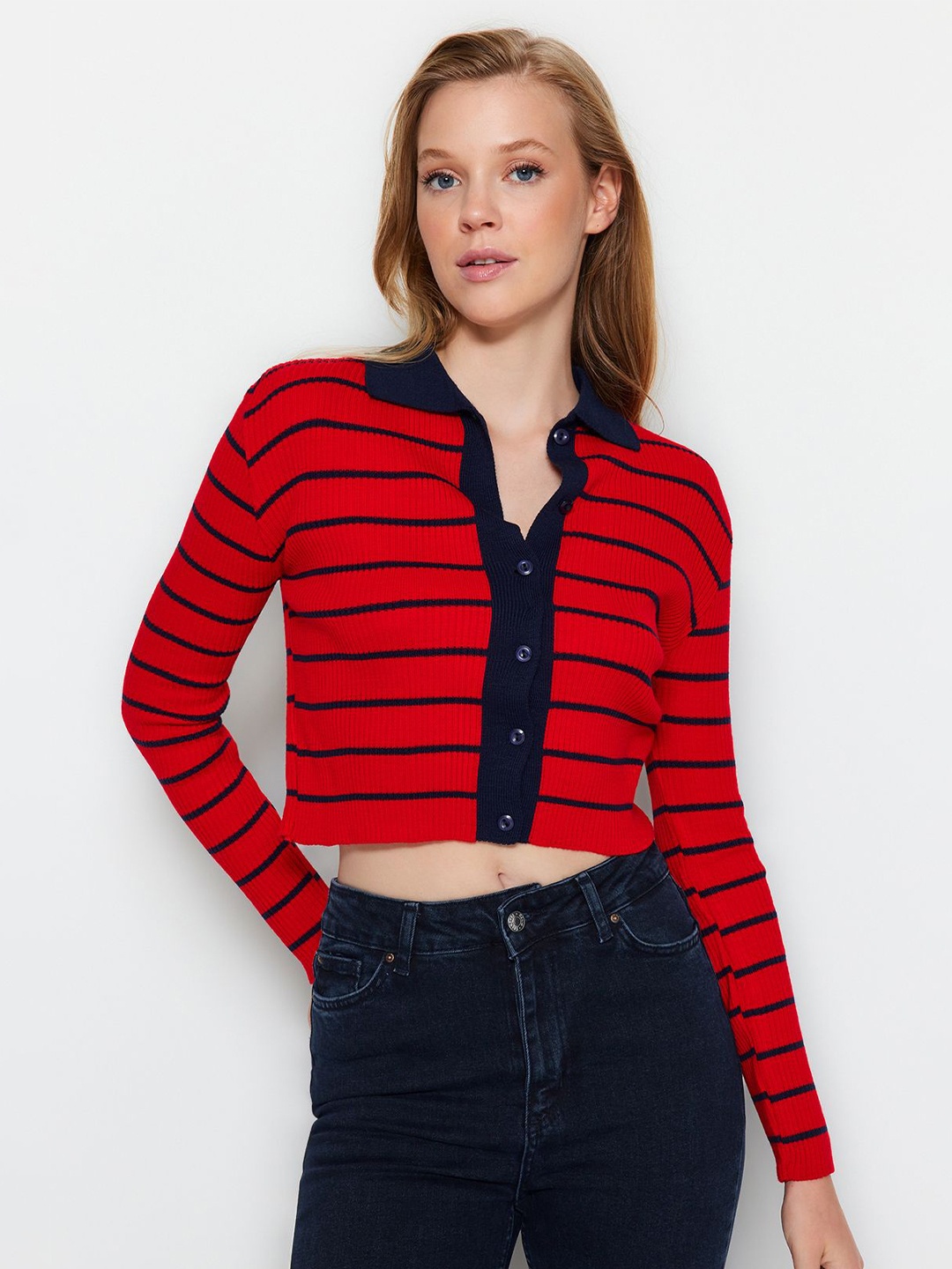 

Trendyol Women Striped Crop Cardigan, Red