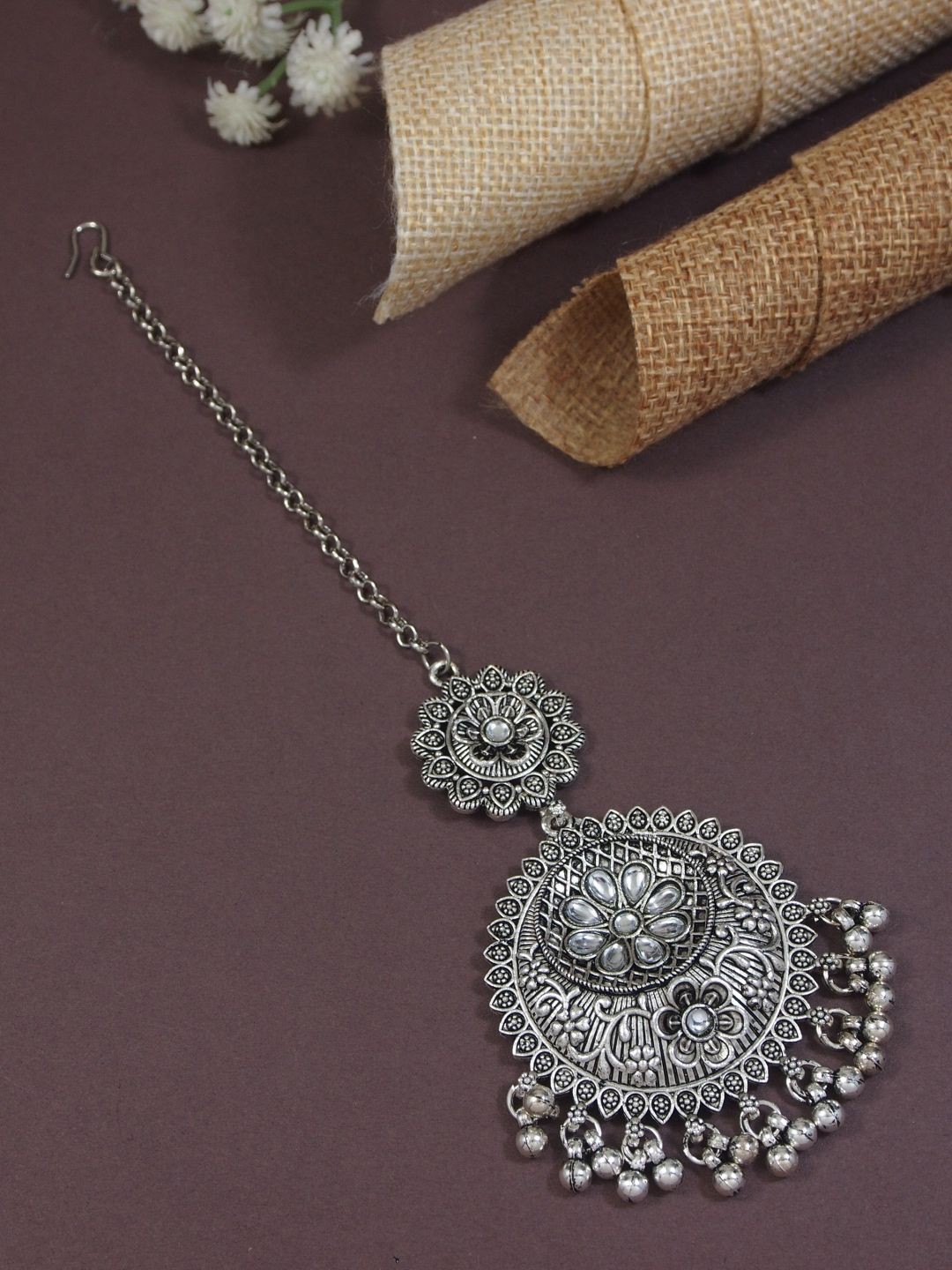

I Jewels Silver-Plated Floral Textured Oxidised Ghungroo Maang Tikka