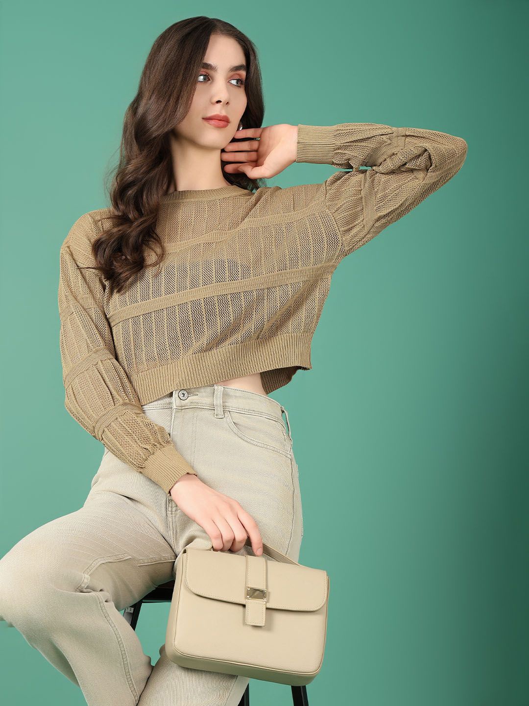 

SHOWOFF Crochet Top, Khaki
