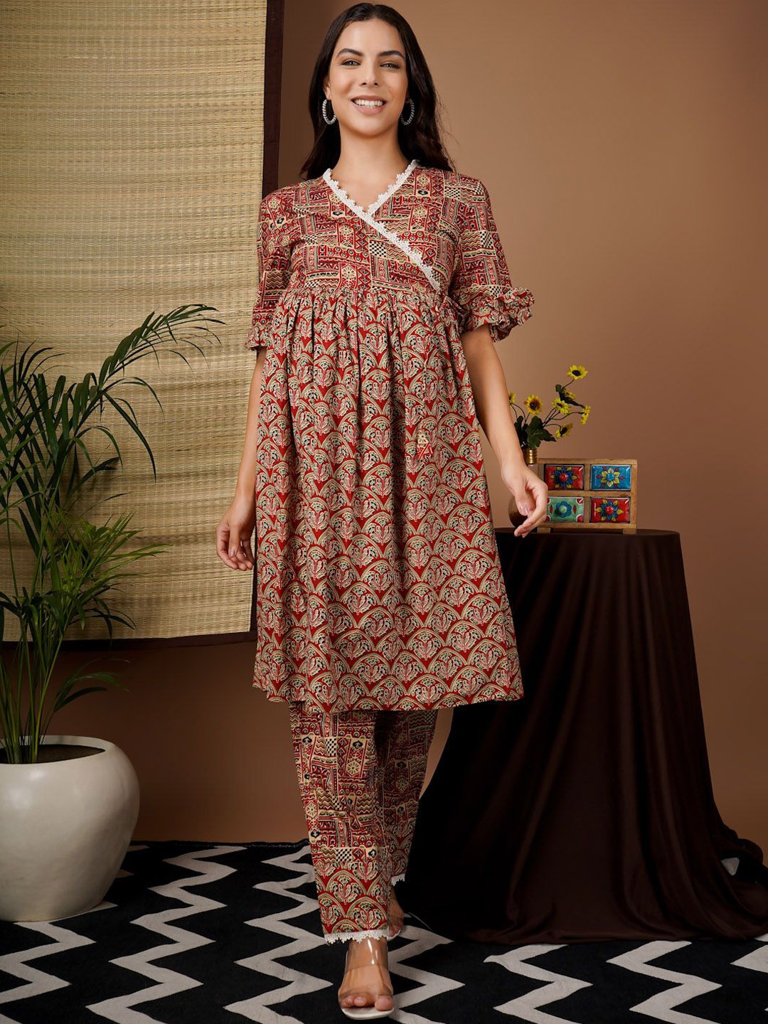 

angloindu Ethnic Motifs Printed Angrakha Pure Cotton Maternity A-Line Kurta with Trousers, Red