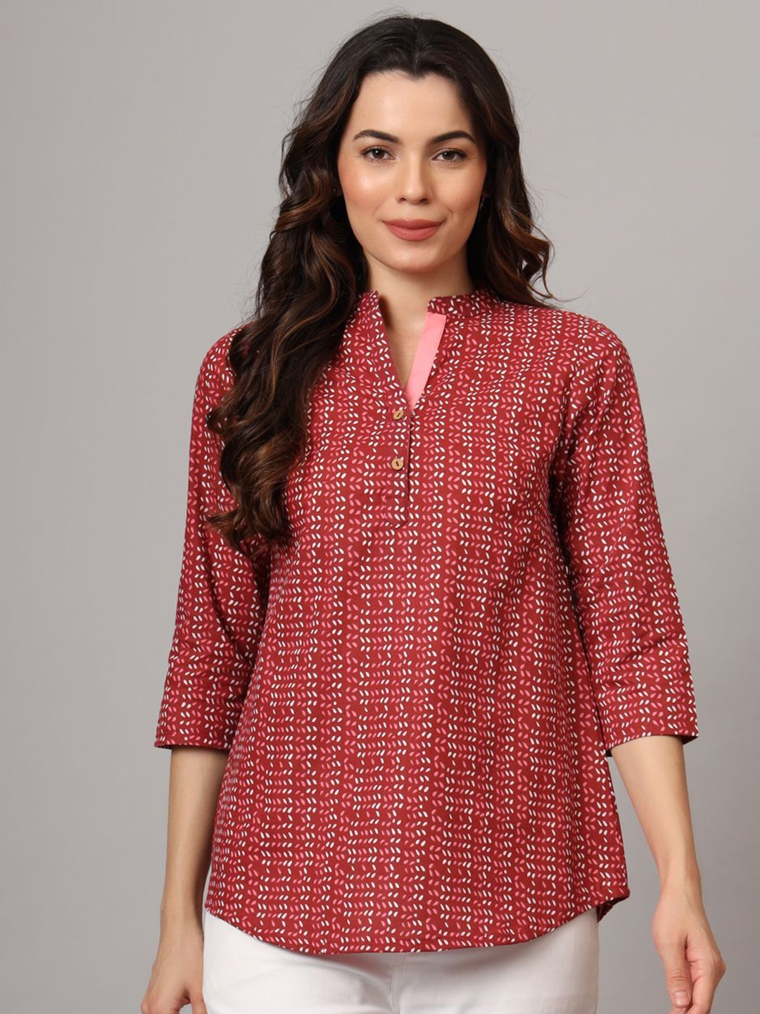 

Anouk Rustic Mandarin Collar Printed Tunic, Maroon