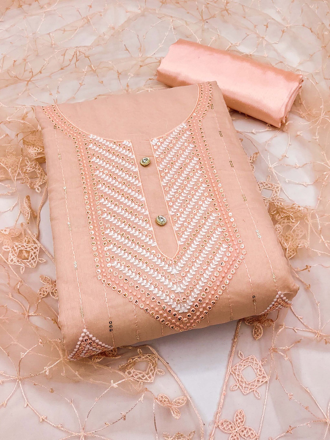 

Ishin Ethnic Motifs Embroidered Sequinned Unstitched Dress Material, Peach